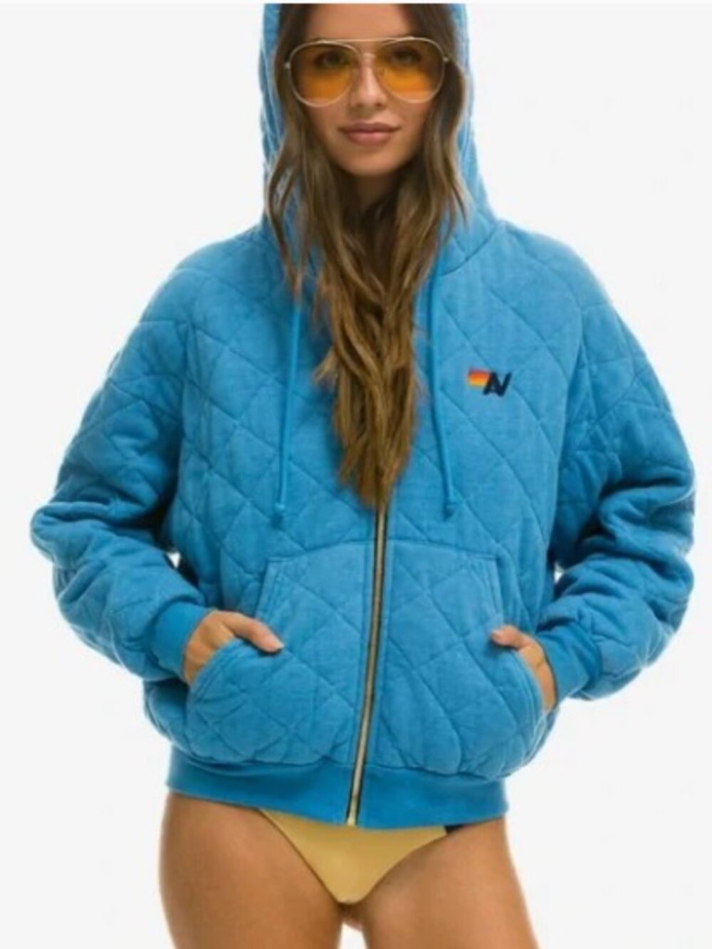 Aviator Nation Quilted Hooded Zip Jacket in Teal with Rainbow Logo